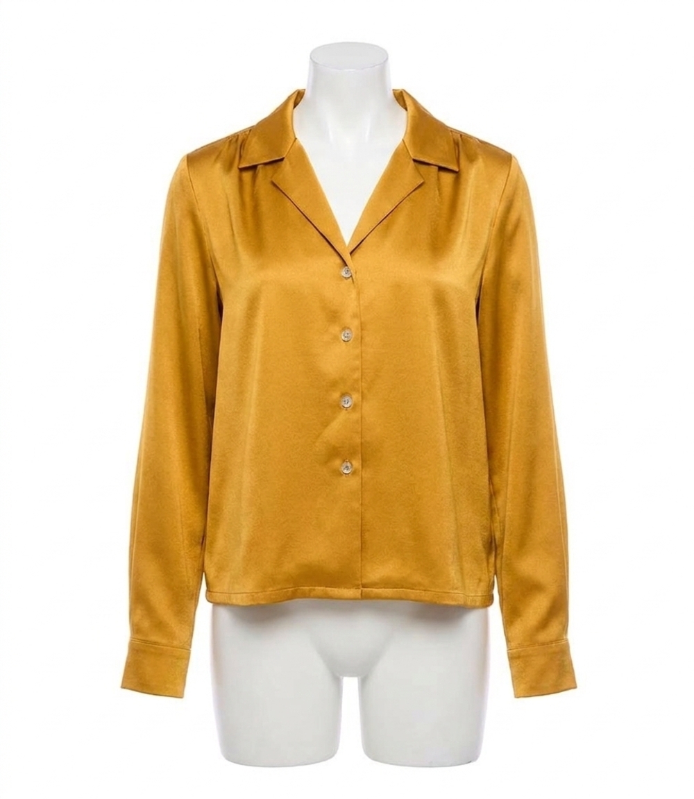 NEW KAREN KANE georgia satin long sleeve button down shirt in gold